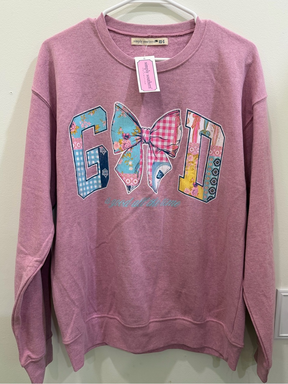 Simply Southern GOD Bow Sweatshirt XS-S NWT Mauve Pink Floral Patchwork